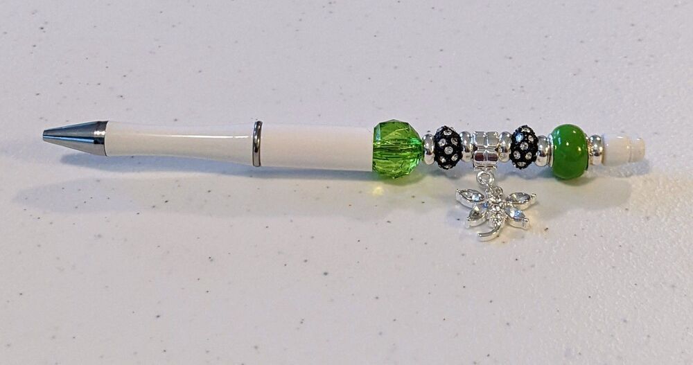 Beaded Pen - Green, Black with Dangle, Beaded, Gift Idea, NEW